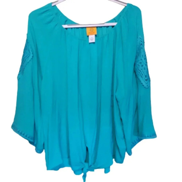 Ruby Rd. Teal blouse with crochet  arm decor - Picture 2 of 8